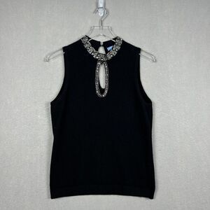 White Warren Cashmere Sweater Top Size Large Black Rhinestone Neckline Keyhole